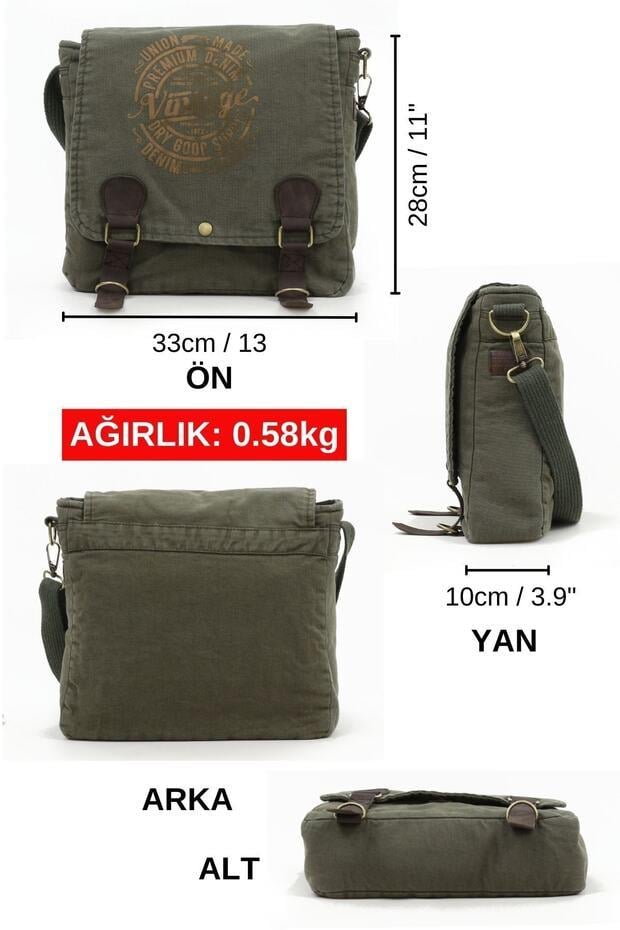 Vintage Unisex Postacı Çantası- Haki