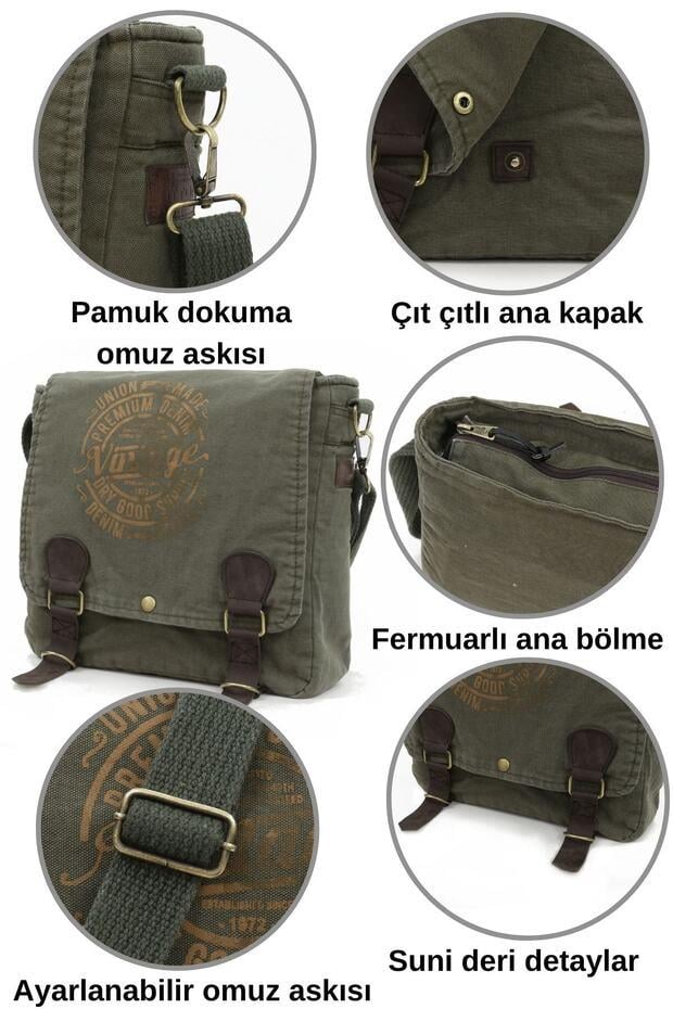 Vintage Unisex Postacı Çantası- Haki