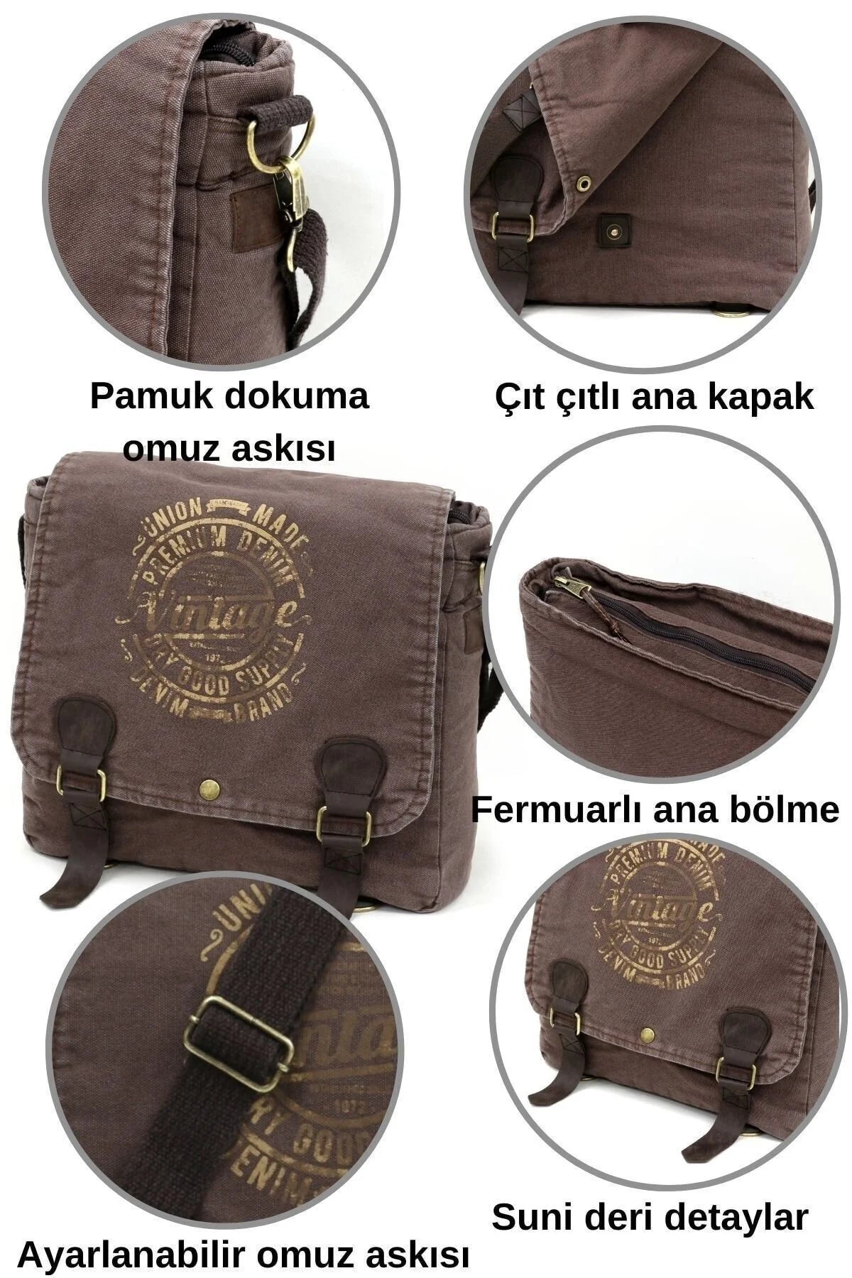 Vintage Unisex Postacı Çantası- Kahverengi Sarı