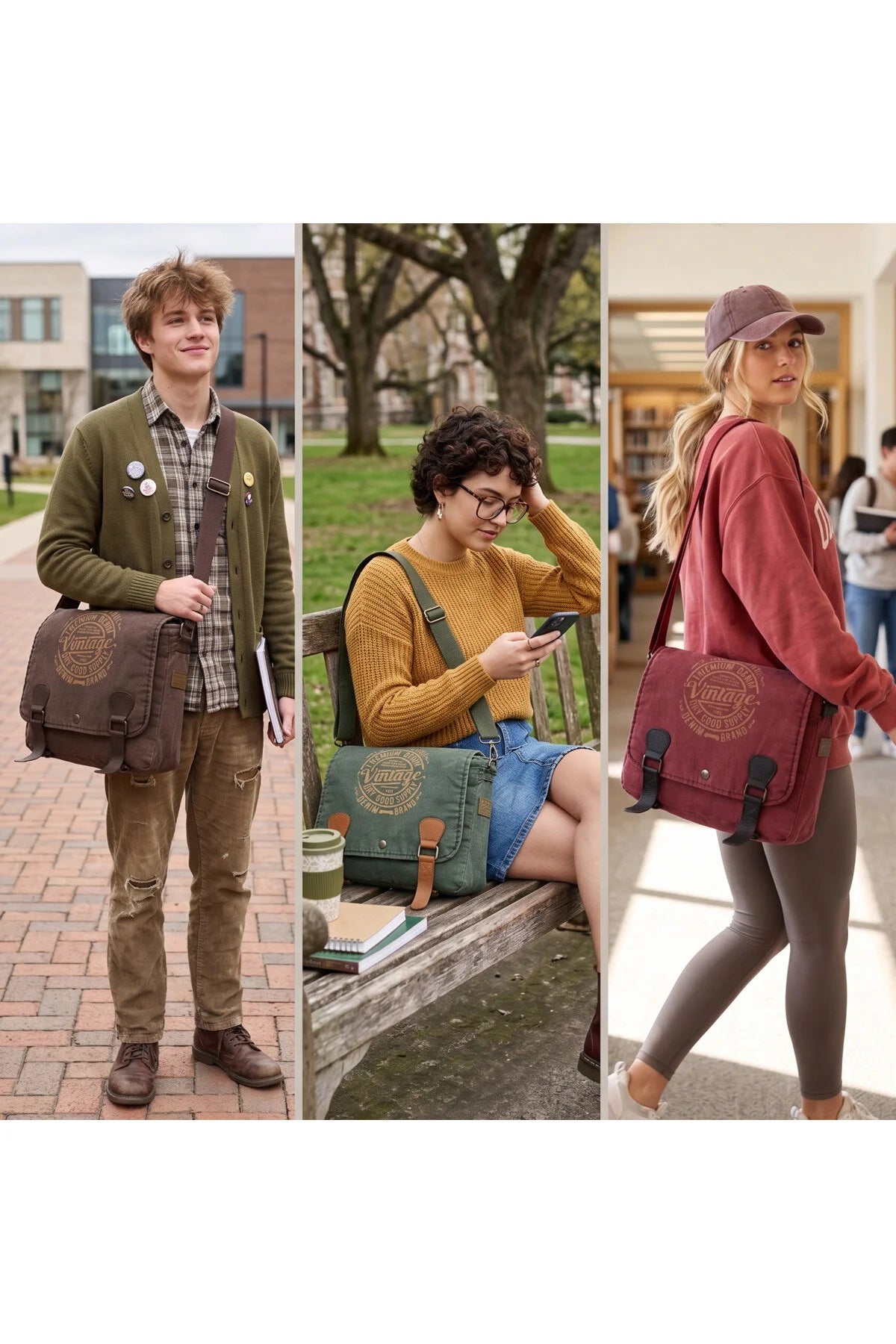 Vintage Unisex Postacı Çantası- Kahverengi Sarı
