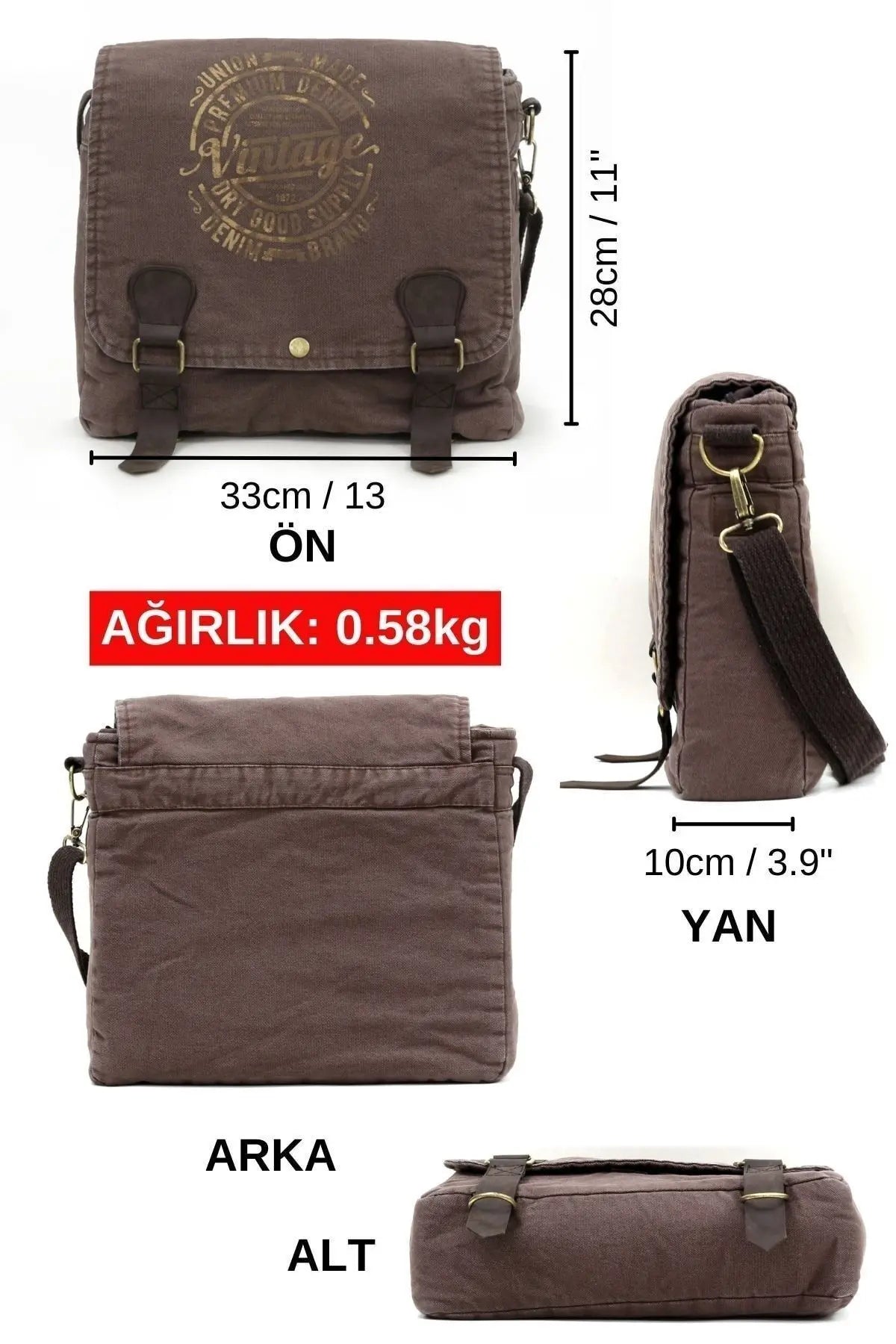 Vintage Unisex Postacı Çantası- Kahverengi Sarı